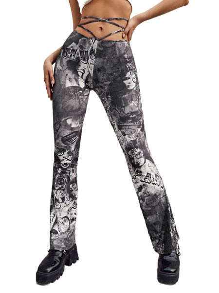 letter & figure graphic crisscross tie back flare leg pants f9t8#, Black;white
letter & figure graphic crisscross tie back flare leg pants f9t8#, Black;white
