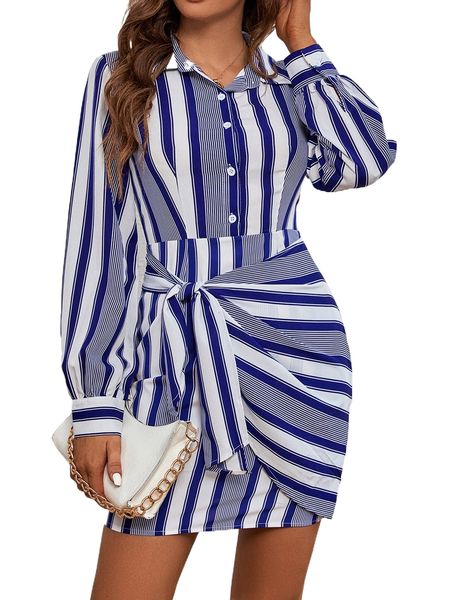striped print knot front shirt dress j1mb#, Black;gray