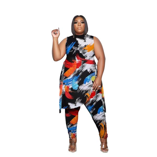 women two piece pants outfits causal plus size jumpsuits print sleeveless slit tank tunic pant set, White
women two piece pants outfits causal plus size jumpsuits print sleeveless slit tank tunic pant set, White