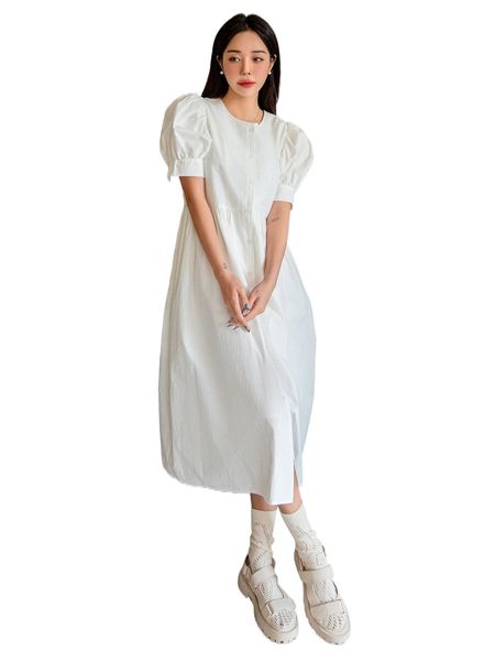 dazy puff sleeve tie back button through dress j7ph#, Black;gray