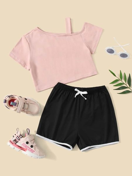 girls asymmetrical neck & tie waist contrast binding shorts she, White
girls asymmetrical neck & tie waist contrast binding shorts she, White