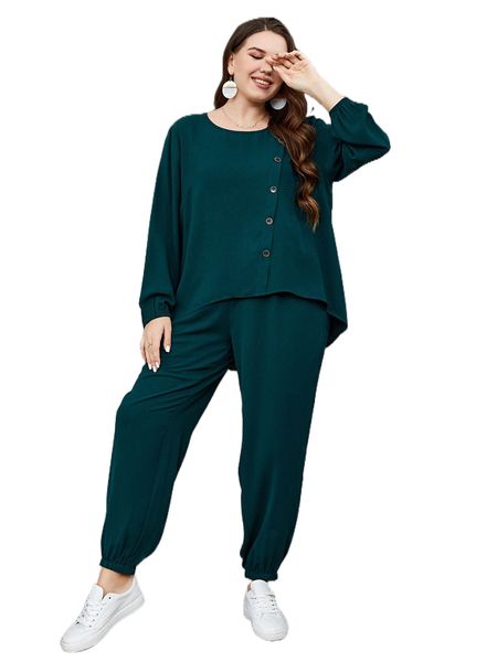 plus drop shoulder fake button blouse & pants 672y#, Black