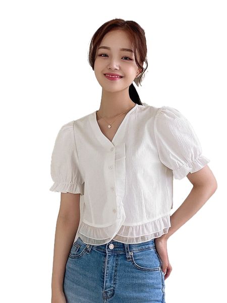 dazy solid puff sleeve crop blouse j4ud#, White