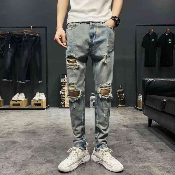 gaojie guochao pants: fashionable, scraped, beggars, slim, small feet, holes, jeans, men's fashion brand, Blue
gaojie guochao pants: fashionable, scraped, beggars, slim, small feet, holes, jeans, men's fashion brand, Blue