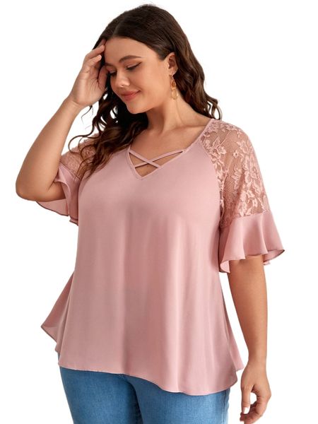 plus crisscross neck lace sleeve z3ad#, Black