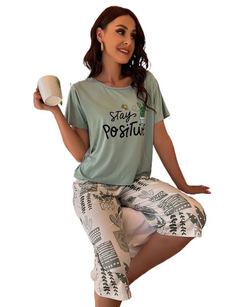 cartoon cactus & slogan graphic pj set a0rj#, Black;red