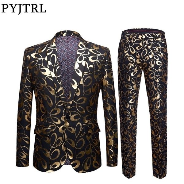 pyjtrl brand male plus size 5xl gold floral pattern slim fit mens suits with pants wedding groom tuxedo singer costume 201106, White;black 
pyjtrl brand male plus size 5xl gold floral pattern slim fit mens suits with pants wedding groom tuxedo singer costume 201106, White;black