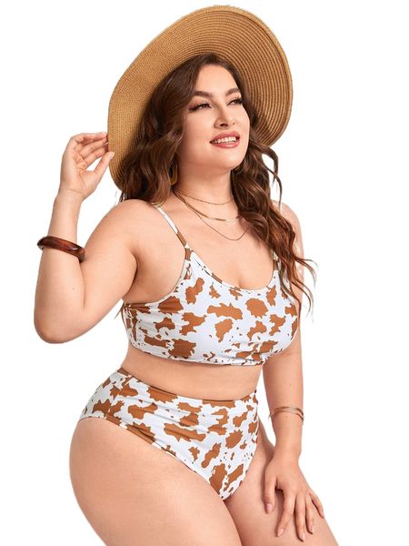 plus allover print bikini swimsuit 852g#, White;black
