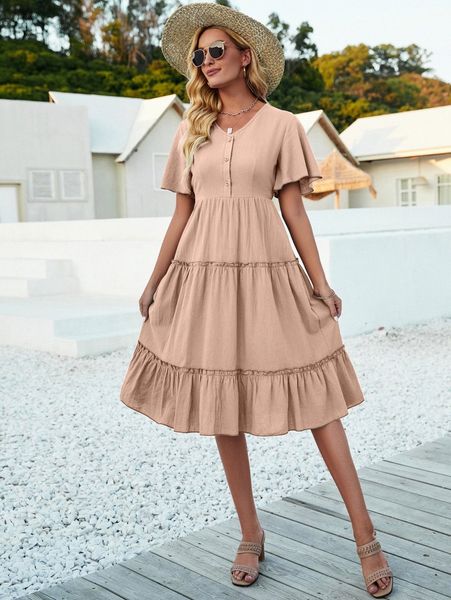 flutter sleeve button front ruffle hem dress s9qs#, Black;gray
flutter sleeve button front ruffle hem dress s9qs#, Black;gray