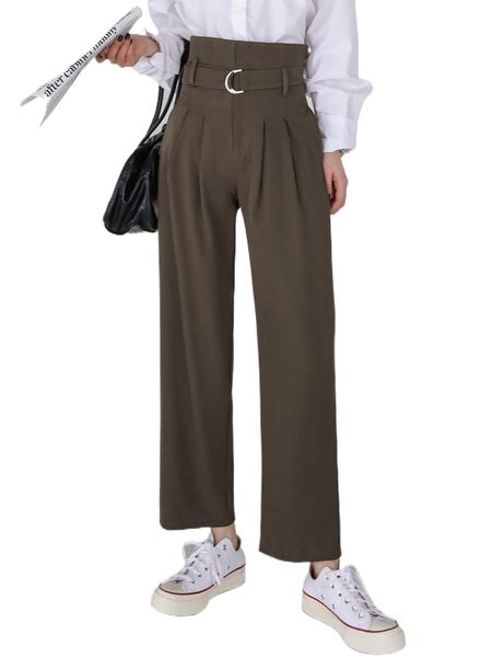 dazy high waist fold pleated belted pants y7mh#, Black;white