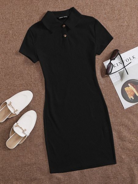 button front rib-knit bodycon dress i1cv#, Black;gray