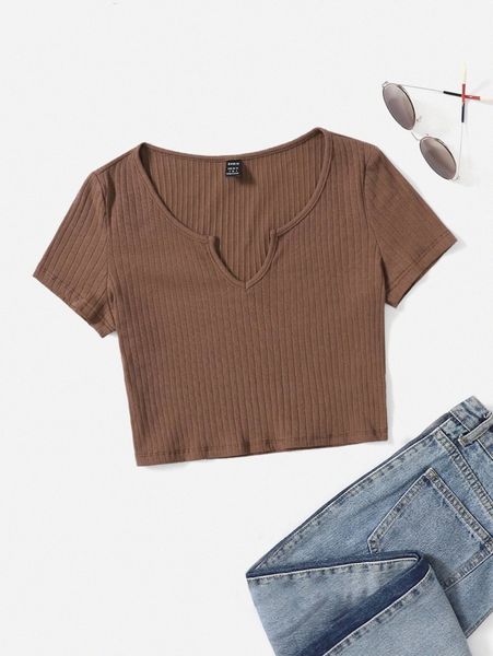 ribbed split neck cropped tee 08gn#, White
