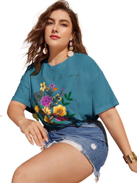 plus floral print drop shoulder tee 81wr#, Black
