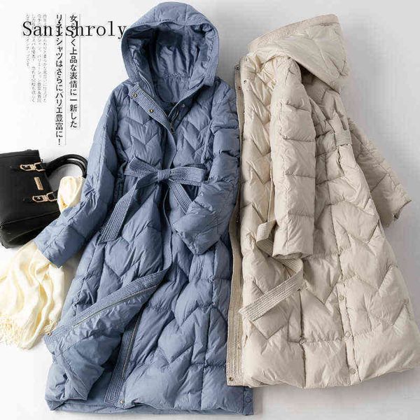 sanishroly winter warm thicken white duck down jacket women with sashes long coat parka female hooded outerwears plus size s1031 211118, Black 
sanishroly winter warm thicken white duck down jacket women with sashes long coat parka female hooded outerwears plus size s1031 211118, Black