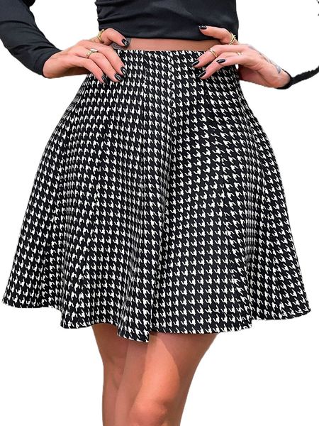 high waist houndstooth print pleated skirt e0jg#, Black
high waist houndstooth print pleated skirt e0jg#, Black