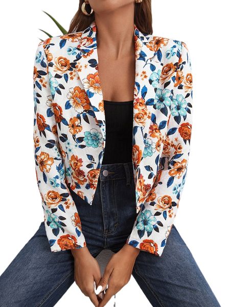 floral print lapel neck blazer q6nz#, White