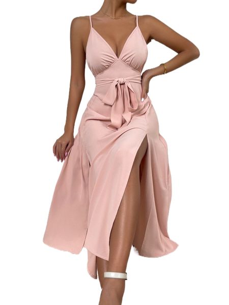 criss cross back split thigh tie front cami dress a5dj#, Black;gray