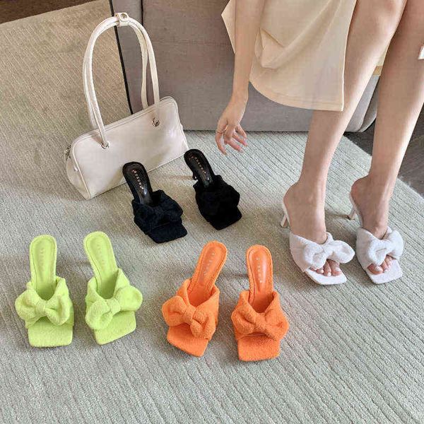 2022 new candy colored terry cloth high-heeled muller sandals female bow girl square head slippers female, Black
2022 new candy colored terry cloth high-heeled muller sandals female bow girl square head slippers female, Black