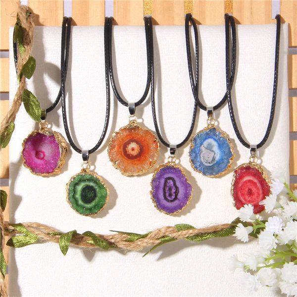 rough stone crystal druzy druze pendant necklace women's summer flower bohemian adjustable leather rope necklaces, Silver 
rough stone crystal druzy druze pendant necklace women's summer flower bohemian adjustable leather rope necklaces, Silver