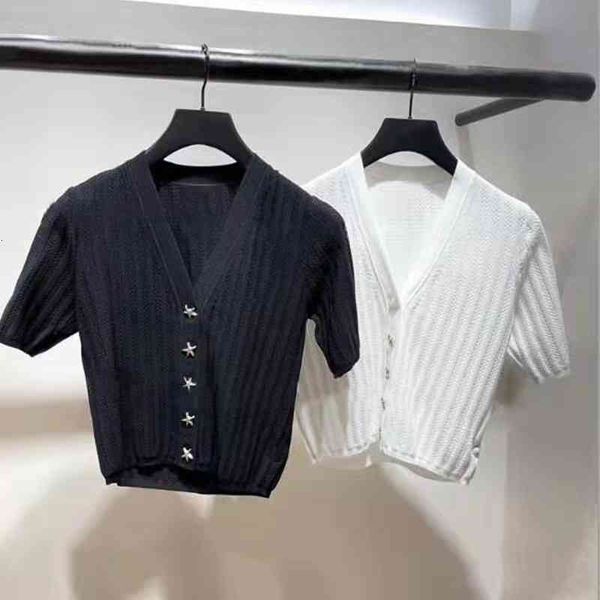 women's knits tees french single s spring and summer breasted star button knitted cardigan v-neck short sleeved top, White
women's knits tees french single s spring and summer breasted star button knitted cardigan v-neck short sleeved top, White