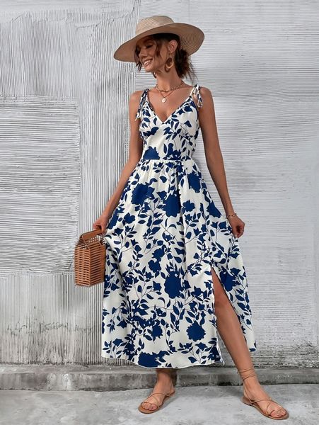 floral print tie shoulder cami dress b96x#, Black;gray