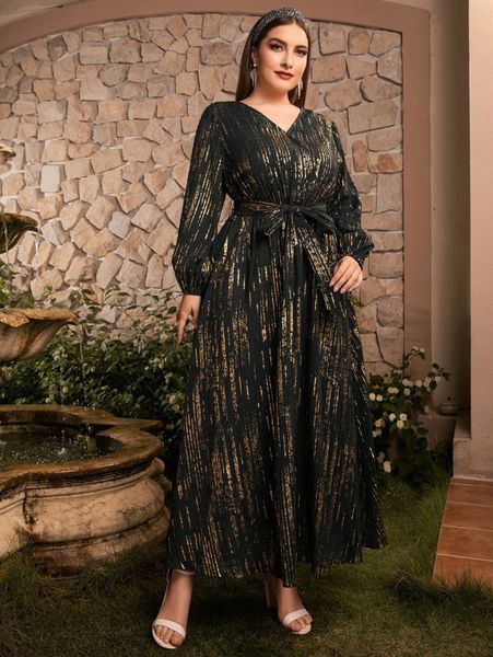 plus gold striped print lantern sleeve belted dress b2ve#, Black
plus gold striped print lantern sleeve belted dress b2ve#, Black