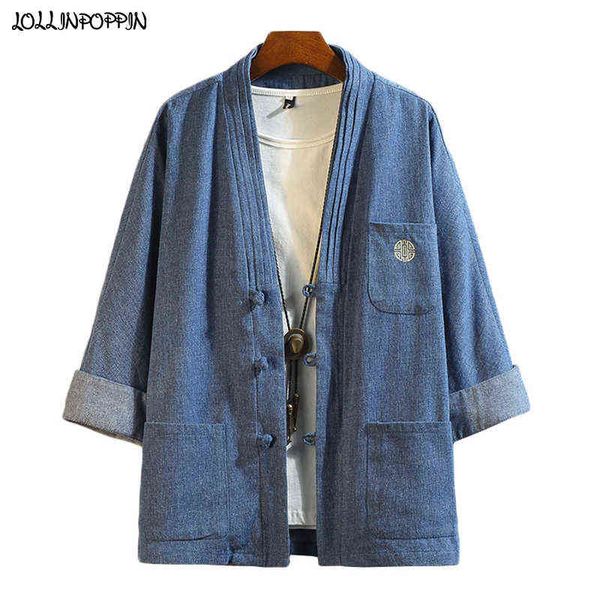 men soft blue denim kimono jacket frog closures embroidery pattern three quarter sleeves japan style stand collar jean jacket y220803, Black;brown
men soft blue denim kimono jacket frog closures embroidery pattern three quarter sleeves japan style stand collar jean jacket y220803, Black;brown