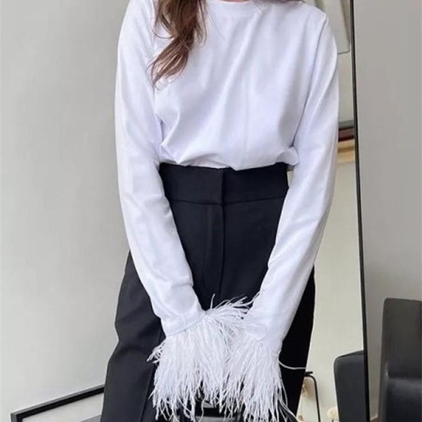 early spring women elegant splicing feather long sleeve blouse t-shirt female fashion chic simple casual pullovers 220321, White
early spring women elegant splicing feather long sleeve blouse t-shirt female fashion chic simple casual pullovers 220321, White