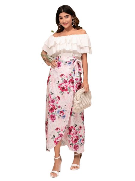 modely off shoulder layered ruffle detail & floral wrap knot skirt set t97p#, White
modely off shoulder layered ruffle detail & floral wrap knot skirt set t97p#, White