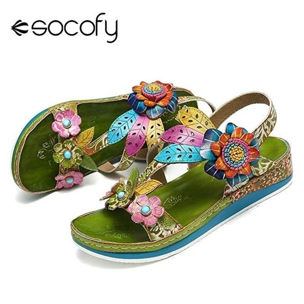 

socofy comfortable genuine leather sandals flowers pattern splicing stitching floral hook loop retro shoes women 2020 s20326, Black