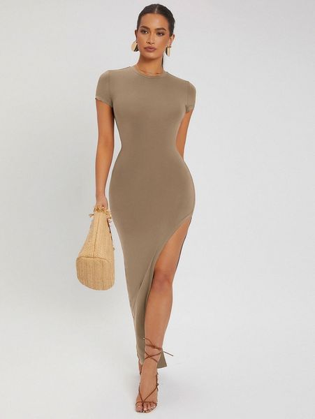 solid split thigh bodycon dress f5ps#, Black;gray 
solid split thigh bodycon dress f5ps#, Black;gray