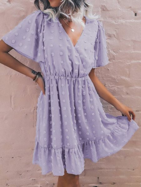 swiss dot flutter sleeve overlap collar ruffle hem chiffon dress s6r2#, Black;gray 
swiss dot flutter sleeve overlap collar ruffle hem chiffon dress s6r2#, Black;gray