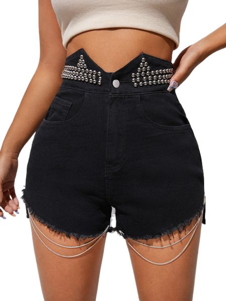 high waist asymmetrical chain raw hem denim shorts e04w#, White;black 
high waist asymmetrical chain raw hem denim shorts e04w#, White;black