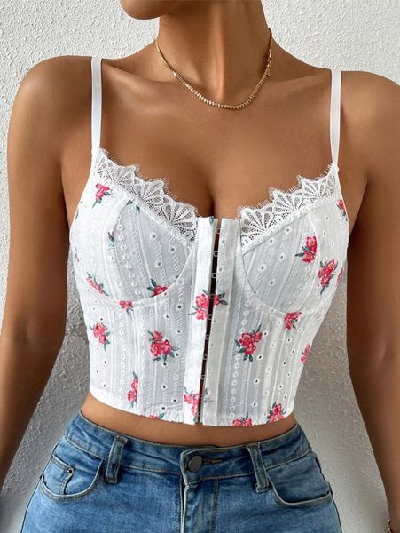 floral print lace trim cami l69l#, White 
floral print lace trim cami l69l#, White