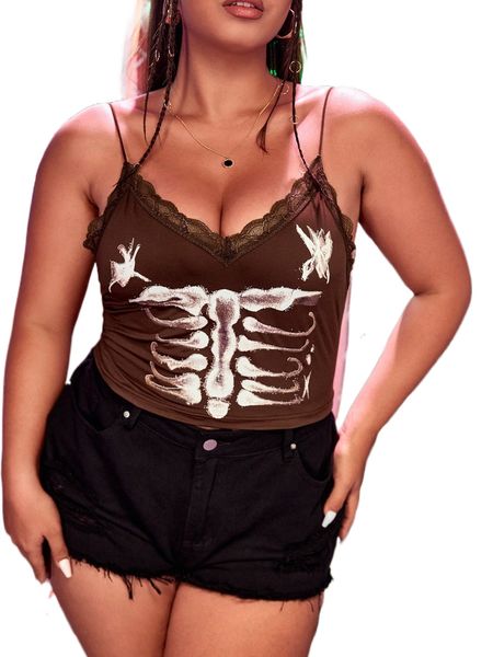 plus skeleton print lace trim cami e1ze#, Black