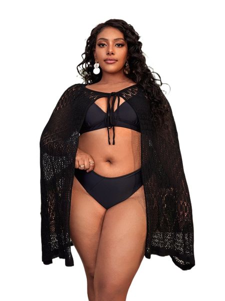plus tie front sheer kimono without bikini set 03wx#, Black;gray