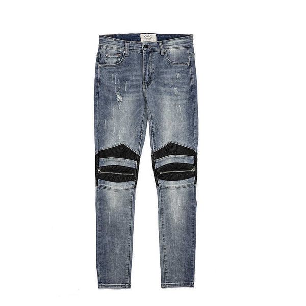 men's jeans high street style leather patch zipper locomotive small foot slim elastic jeans, Blue
men's jeans high street style leather patch zipper locomotive small foot slim elastic jeans, Blue