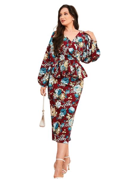 floral print lantern sleeve belted & skirt p1vb#, White