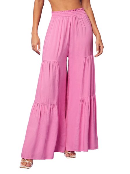 solid paperbag waist wide leg pants c64h#, Black;white