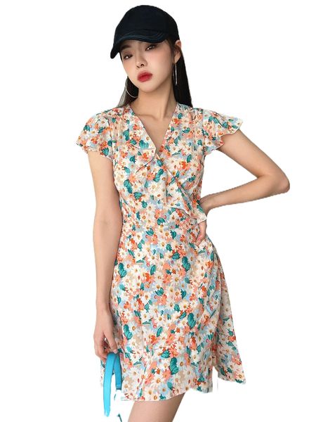 dazy allover floral print flutter sleeve ruffle trim tie back wrap dress s3bh#, Black;gray
dazy allover floral print flutter sleeve ruffle trim tie back wrap dress s3bh#, Black;gray