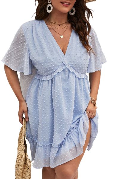 plus swiss dot ruffle trim chiffon dress i5pc#, Black 
plus swiss dot ruffle trim chiffon dress i5pc#, Black