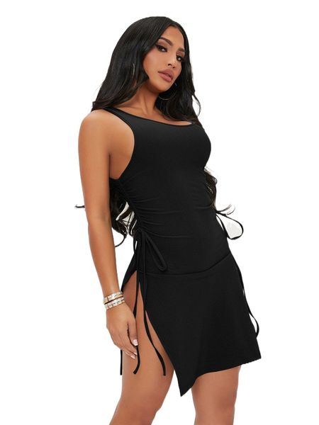 sxy drawstring ruched split hem dress 22kp#, Black;gray