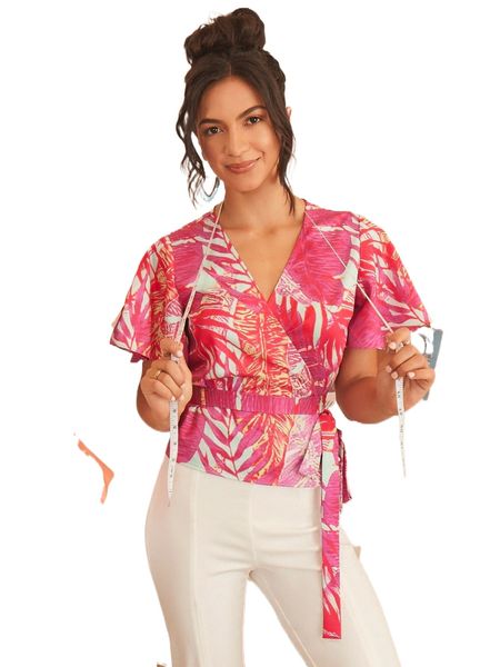 x margarita tropical print flutter sleeve belted blouse t3ii#, White
