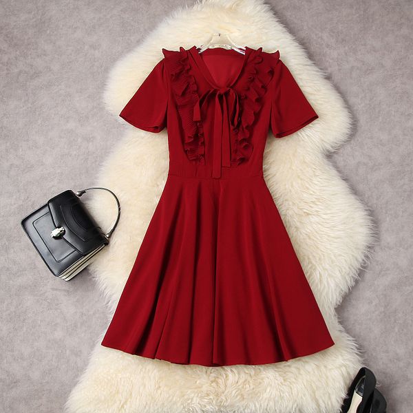 european and american women's summer 2022 new short sleeve bow collar red flounces fashionable pleated dress, Black;gray
european and american women's summer 2022 new short sleeve bow collar red flounces fashionable pleated dress, Black;gray