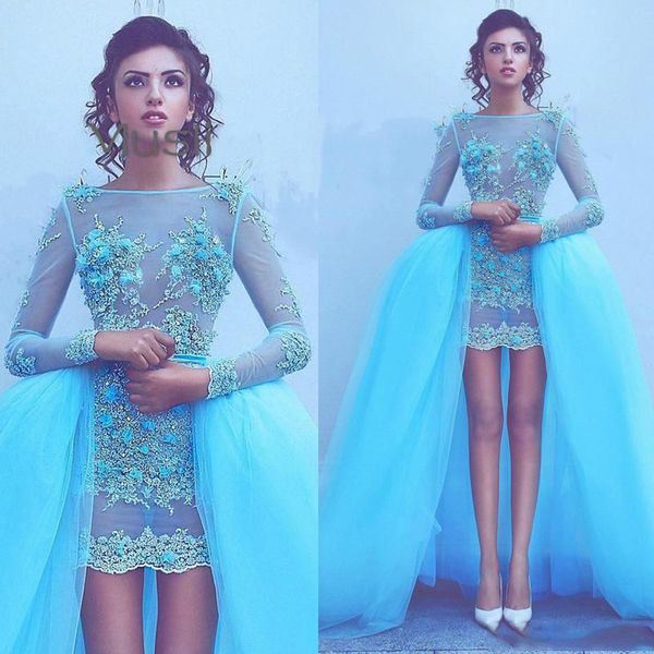 blue short prom dresses with flowers see through detachable train long sleeve evening dress lace beaded formal dresses, Black 
blue short prom dresses with flowers see through detachable train long sleeve evening dress lace beaded formal dresses, Black