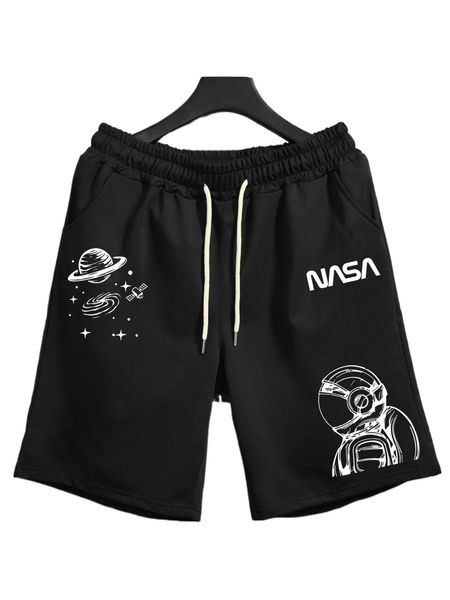 men astronaut & letter graphic drawstring waist shorts x3mm#, White;black 
men astronaut & letter graphic drawstring waist shorts x3mm#, White;black