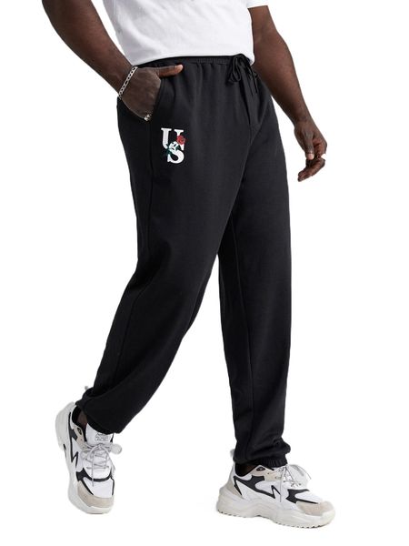 extended sizes men letter & floral print sweatpants i34i#, Black 
extended sizes men letter & floral print sweatpants i34i#, Black