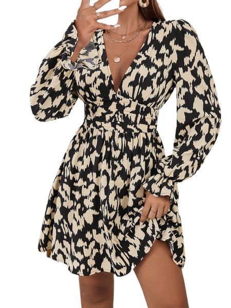 allover print flounce sleeve dress w61x#, Black;gray