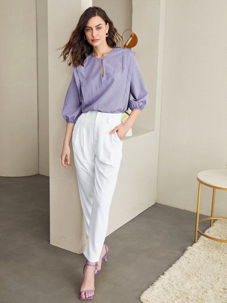 keyhole neck lantern sleeve blouse d476#, White