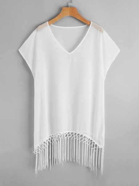 chiffon macrame hem cover up 13s4#, White;black